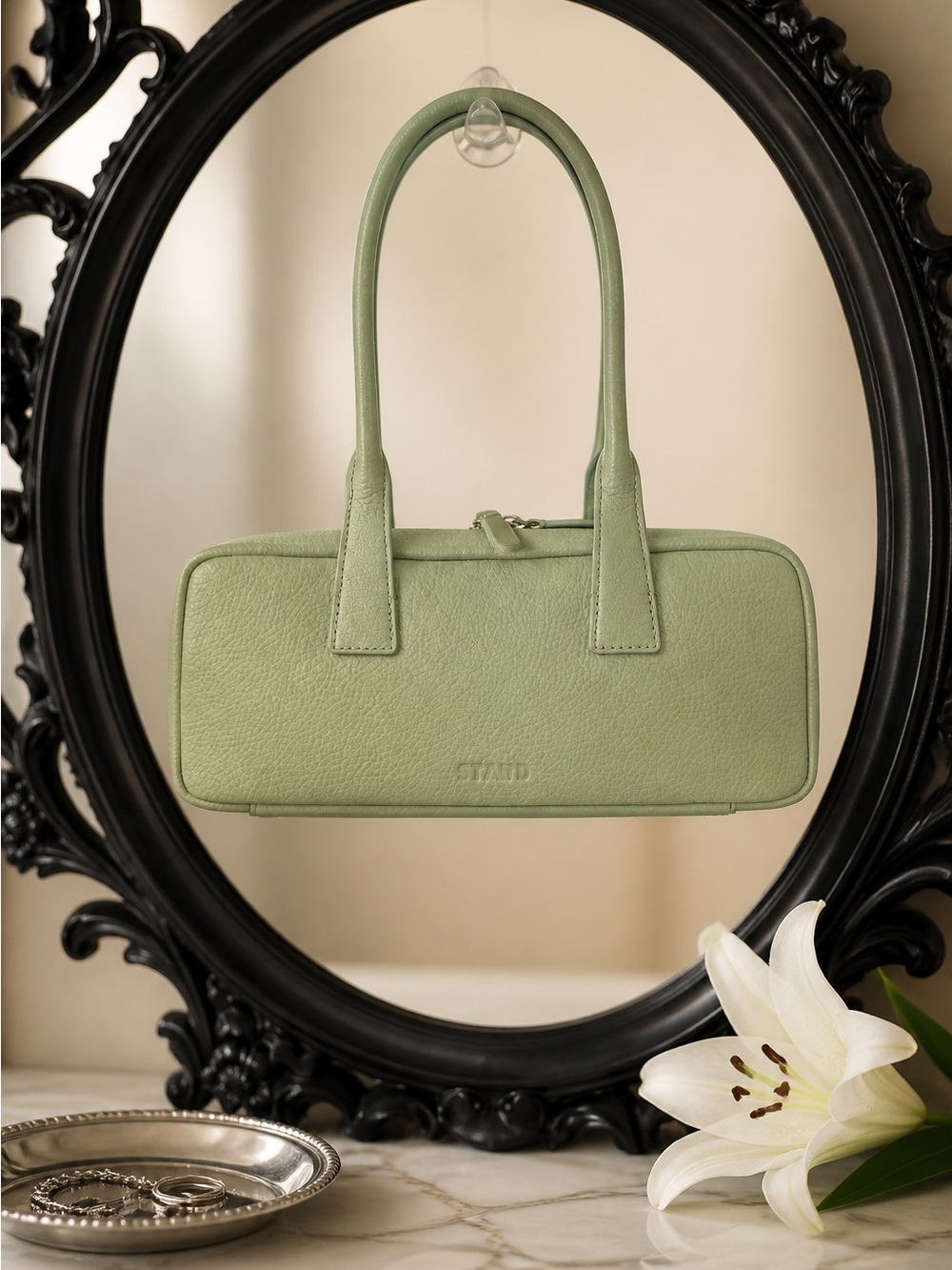 STAUD Pistachio Green Pebbled Leather Mini Top-Handle Bag - Picture 4 of 5